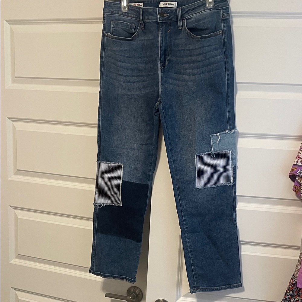 Vigoss Women's Blue Patchwork Straight Leg Jeans
